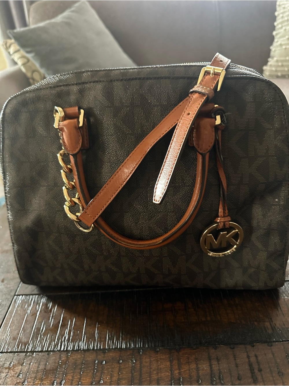 Michael Kors Dark Brown MK Logo Dome Satchel with Tan Trim